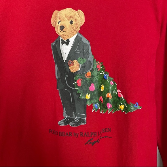 Polo Ralph Lauren Bear Christmas Tree Tux Boy XL 18-20 Red Long Sleeve Graphic - Picture 13 of 13